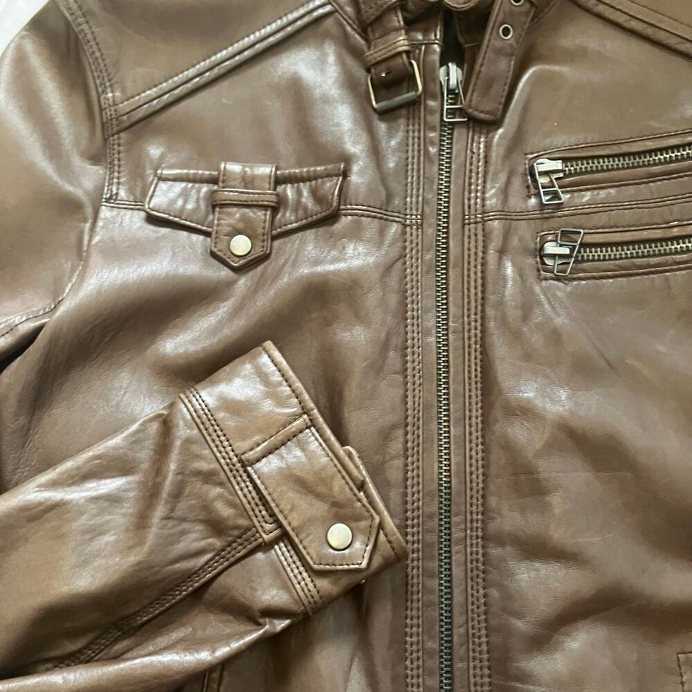 Diamond Leather Moto Jacket XL Brown Real Leather Cafe Racer Biker Coat